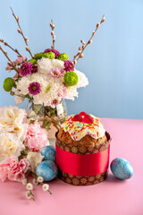 Happy Easter concept. Congratulatory easter background. Easter eggs and flowers. Easter Card