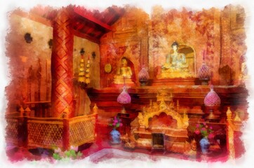 The interior of the ancient architecture in the north, the art of Thai architecture watercolor style illustration impressionist painting.