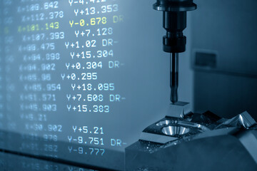 The abstract scene CNC milling machine cutting  the mold and die parts and G-code data background.