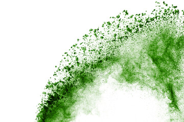 Powder explosion isolate on white background. Abstract deep green dust.