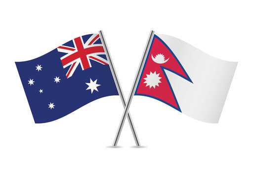 Australia and Nepal crossed flags. Australian and Nepalese flags, isolated on white background. Vector icon set. Vector illustration. 