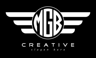 MGB three letter monogram type circle letter logo with wings vector template.
