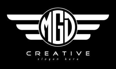 MGD three letter monogram type circle letter logo with wings vector template.