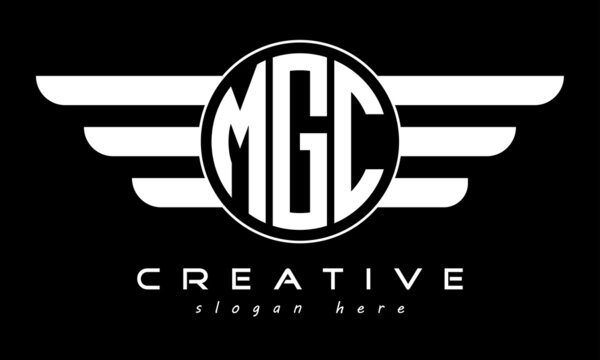 MGC three letter monogram type circle letter logo with wings vector template.