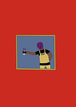 a framed musician drinks wine in a bulletproof vest in a purple balaclava