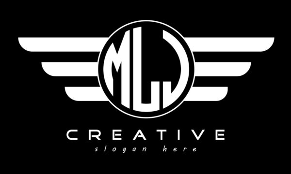 MLJ three letter monogram type circle letter logo with wings vector template.