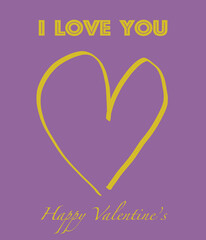 Valentine card, text i love you happy valentine's and painted heart symbol in yellow color on purple background