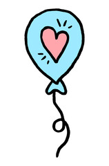 Balloon with a heart. isolated. Design elements for stickers, postcards, banners. Black stroke. Pink and blue color. tall modern style. Doodle. Vector illustration.