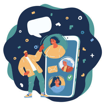 Cartoon vector illustration of Portrait man with big gaint smartphone cat wih hif friends or collegues