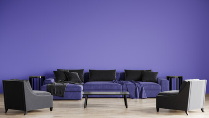 Grande salle familiale. Espace canapé et fauteuil luxueux. Très couleur péri dans le design d& 39 intérieur - maquette de mur emty. rendu 3d