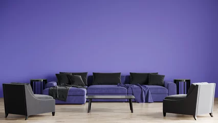 Photo sur Plexiglas Pantone 2022 very peri Grande salle familiale. Espace canapé et fauteuil luxueux. Très couleur péri dans le design d& 39 intérieur - maquette de mur emty. rendu 3d