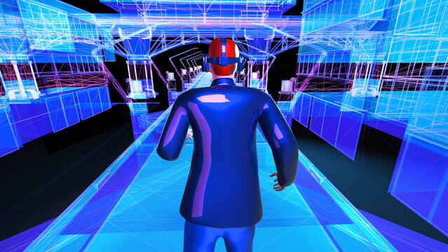 View from back man wear virtual reality glasses and walk in metaverse digital cyberspace , futuristic communication online concept, 3D rendering picture.