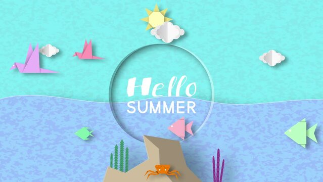 Hello Summer handwriting text with paper origami figures. Colorful summer template with cutout elements for banners. Birds, fish, crab, coral, clouds and sun, animation loop stock video.