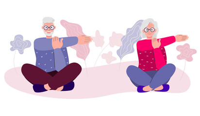   Elderly people and gymnastics. An elderly couple. Grandparents are doing exercises. Sport. Morning gymnastics. Flat vector illustration.