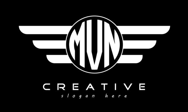 MVN three letter monogram type circle letter logo with wings vector template.