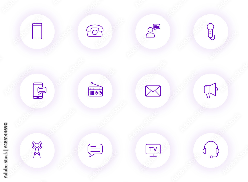 Poster communication purple color outline vector icons on light round buttons with purple shadow. communica