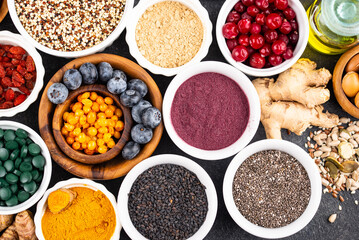 Various superfoods and healthy food supplement.