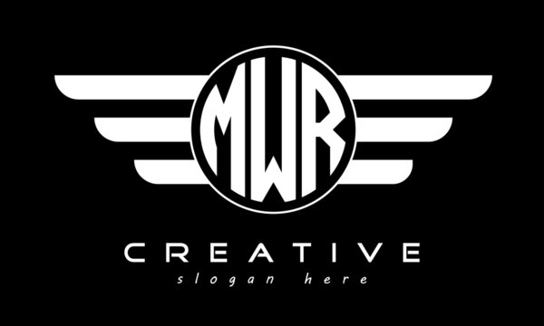 MWR three letter monogram type circle letter logo with wings vector template.