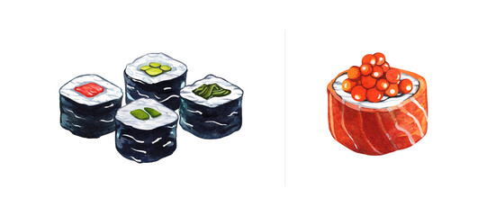 Set roll sushi maki and philadelphia with caviar. Hand drawn watercolor illustration isolated on white background. Asian cuisine.