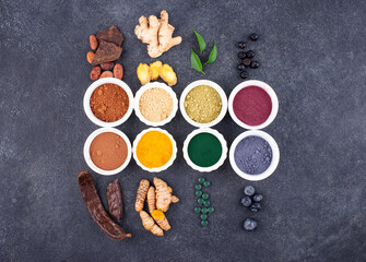 Various healthy superfoods powder assortment