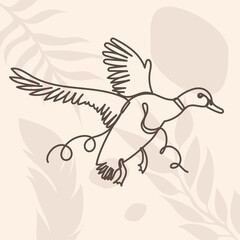 duck flies in one line, contour on an abstract background