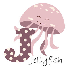 Illustration for the English alphabet with the image of a jellyfish, for teaching young children with beautiful typography. ABC - letter j