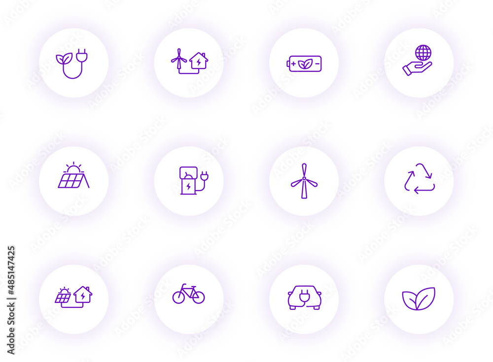 Poster eco purple color outline vector icons on light round buttons with purple shadow. eco icon set for we