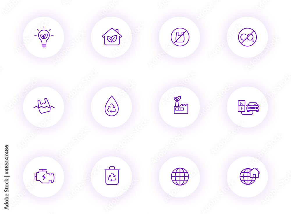 Poster eco purple color outline vector icons on light round buttons with purple shadow. eco icon set for we