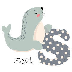 Illustration for the English alphabet with the image of a fur seal, for teaching young children with beautiful typography. ABC - letter s