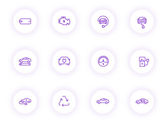 electro car purple color outline vector icons on light round buttons with purple shadow. electro car icon set for web, mobile apps, ui design and print