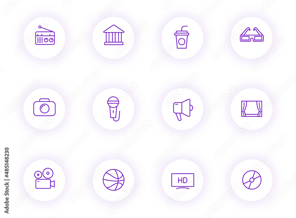 Poster entertainment purple color outline vector icons on light round buttons with purple shadow. entertain