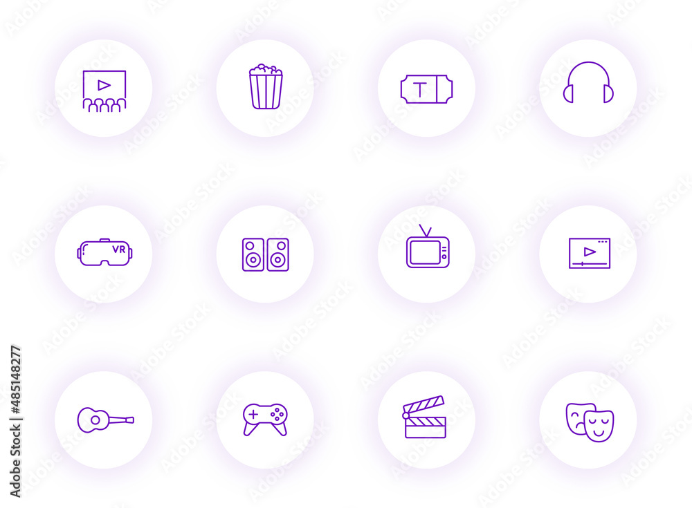 Poster entertainment purple color outline vector icons on light round buttons with purple shadow. entertain
