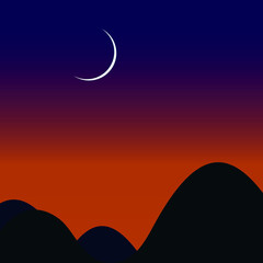 Abstract illustration of a sunset in the mountains with a new moon