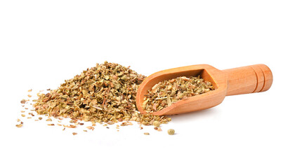 Heap of Dried oregano spice in wooden scoop on white background.