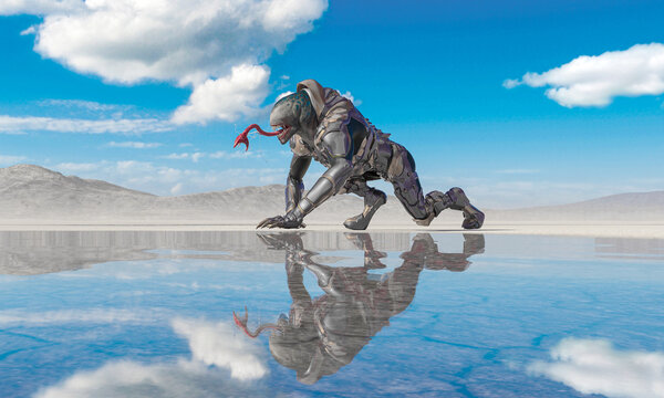 master alien is exploring the water in the desert after rain