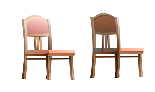 Chair made of wood with soft upholstery with Round back. Furniture set. Front and back view. Cartoon funny style illustration. Vector