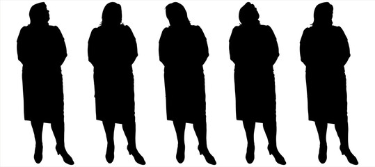 Woman in a skirt. A female silhouette with a leg extended forward, arms folded one above the other. Front view. Female silhouettes, isolated on a white background, stand near each other in one line.