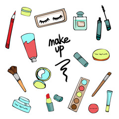 set of different things for makeup - tone, brush, blush, mascara, eyelashes, pencil, base, lipstick. letering makeup. simple style vector illustration isolated.