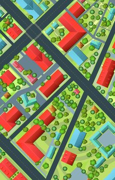 Vertical background image. Streets of city. Top, View from above. Small town house and road. Map with roads, trees and buildings. Modern car. Cartoon cute style illustration. Vector