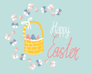 Happy Easter poster with egg in basket and butterfly. Vector illustration for greeting cards, decorations of windows, clothes, banners, flyers, web sites, posts.