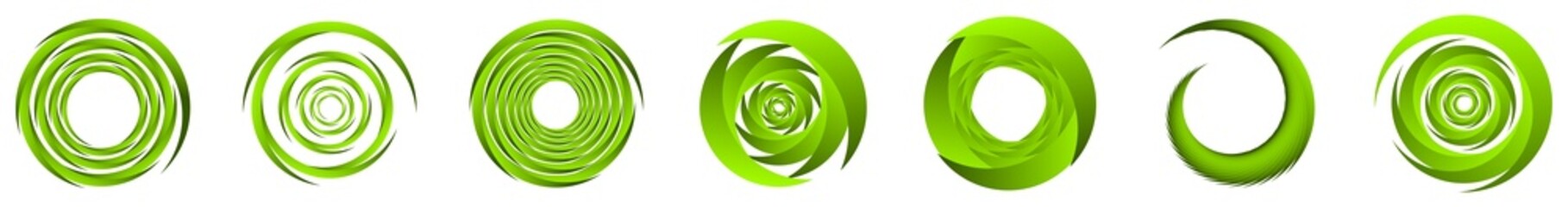 Set of green abstract spiral, swirl, twirl and whirl elements. Cochlear, helix, vortex icon