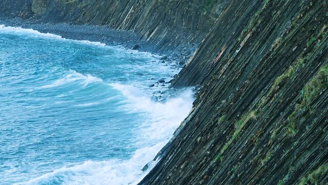 Flysch de Sakoneta at low tide on the Cantabrian Coast in Deva, Gipuzkoa, Pais Vasco, Spain, Europe