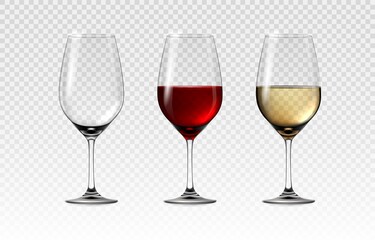 Glass with red and white wine. Realistic transparent wineglasses. Empty 3D alcohol glassware. Drinks serving. Stemware for grape beverages. Full goblets. Vector cocktail tableware set