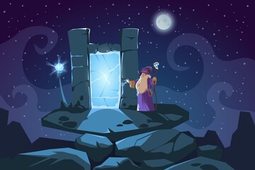 Wizard and portal scene. Cartoon fantasy background with magician and stone teleportation door. Fairy tale teleport in rock arch. Sorcerer doing magic at night. Vector illustration © SpicyTruffel