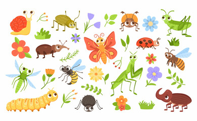 Cartoon bugs and plants. Insect characters with happy faces and colorful flowers. Caterpillar and snail mascots. Buzzing bee. Beetle or hornet. Blossoms with leaves. Vector animals set