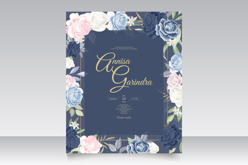 Elegant wedding invitation card template with floral and leaves navy blue Premium Vector