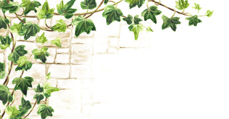 Ivy branch with green leaves on a brick wall background, save the date card with copy space.  Hand drawn watercolor illustration