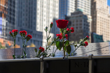 closeup of flowers placed at the 9:11 memorial in New York city
