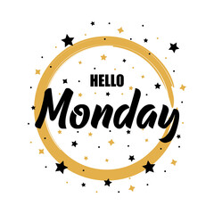 Hello Monday Beautiful Card With Gold And Black Stars Vector On White Background . Design Element For Poster , Banner , Card 