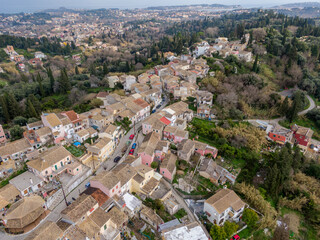 Aerial drone view of Evropouli village in corfu island greece